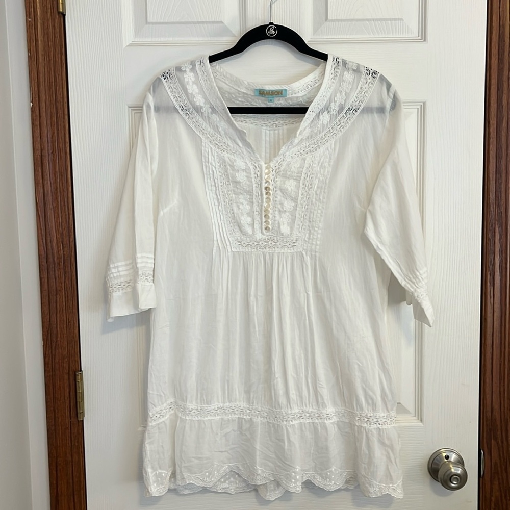SAMSON Sheer White 100% Cotton Mini Dress w/ Lace Trim, Made in India - Medium